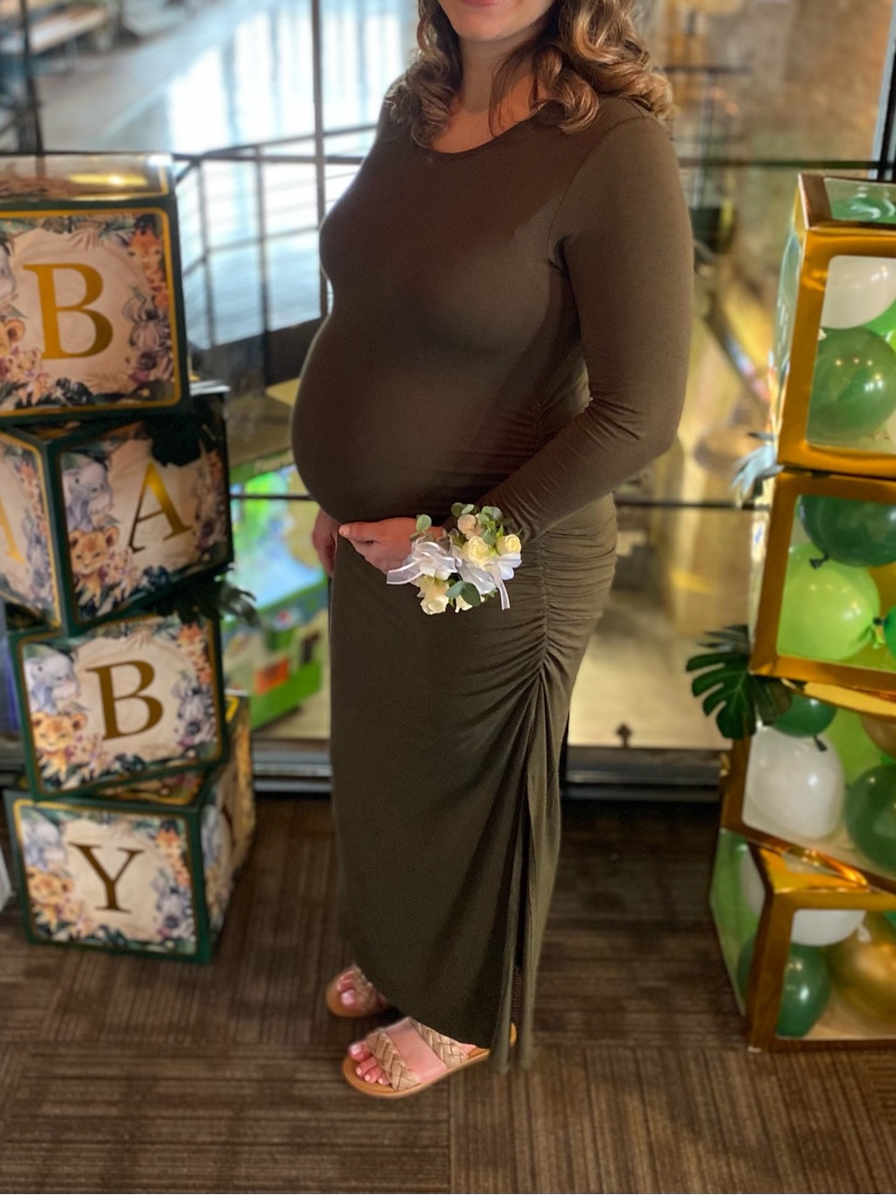 Olive Green Maternity Maxi Dress with Side Ruching